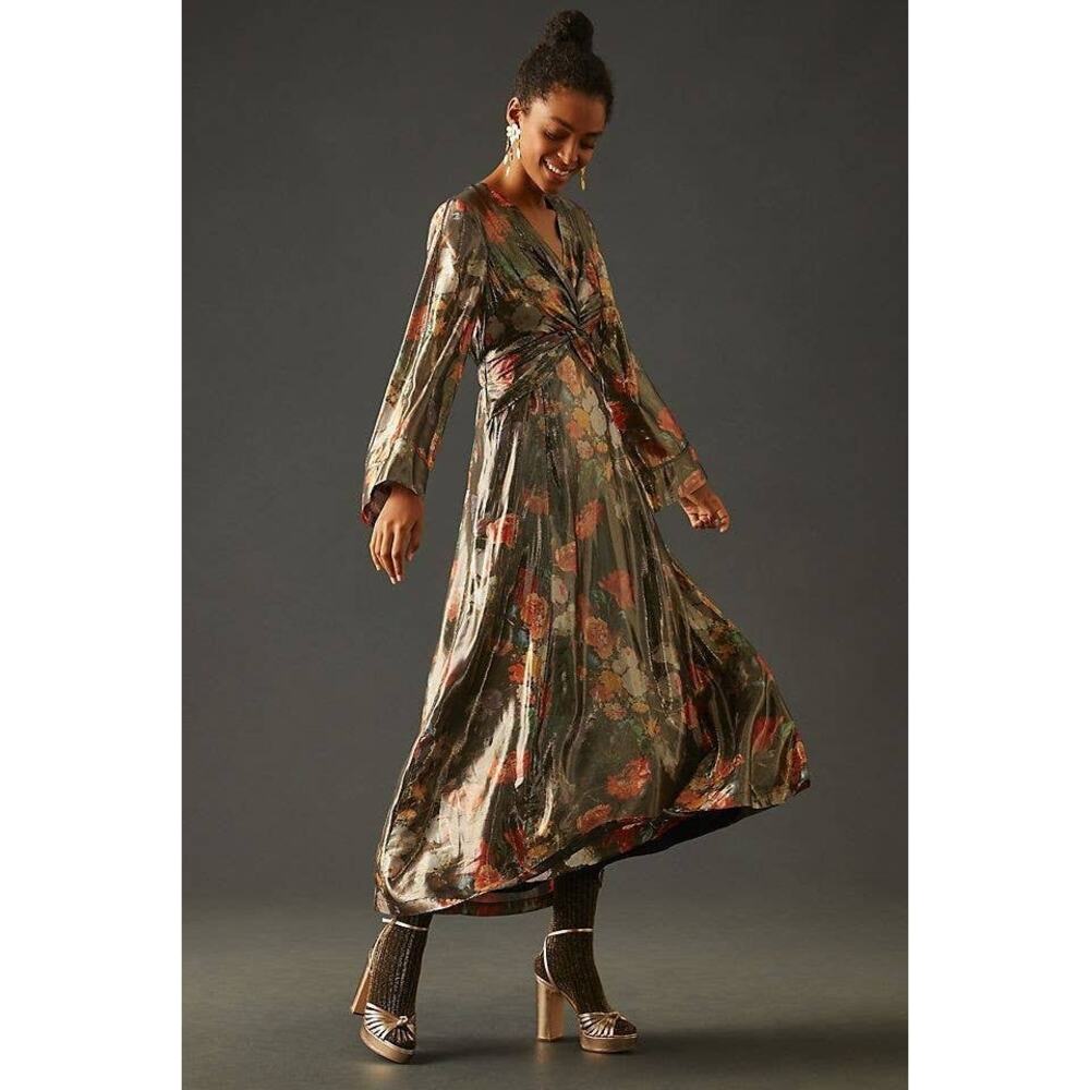 New Anthropologie Caballero Deep V-Neck Maxi Dress $248 X-SMALL Floral